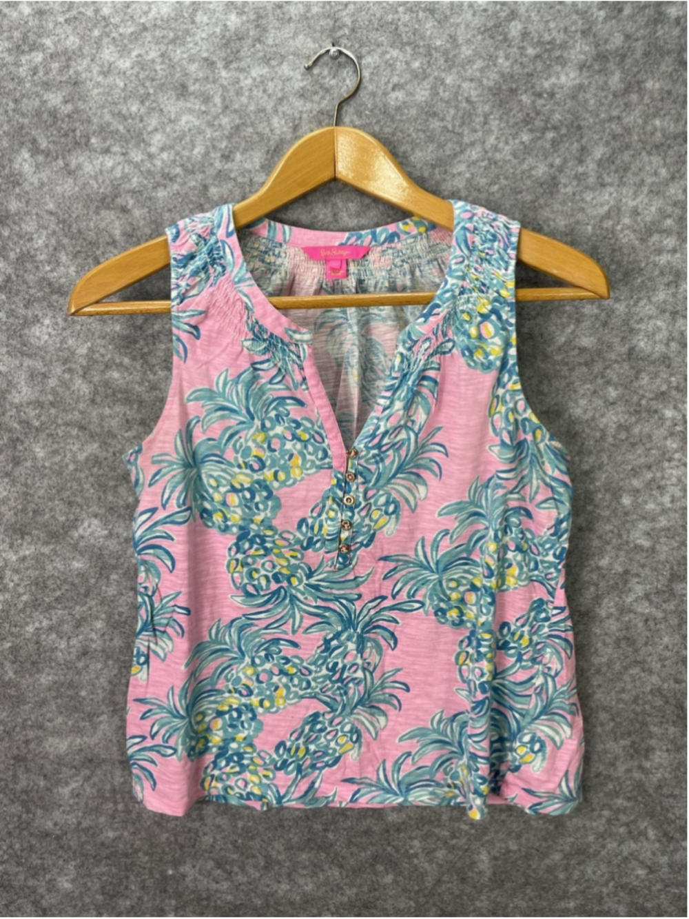 Lilly Pulitzer Shirt Womens Large Pink Pineapple Henley Tank Top Rhinestone